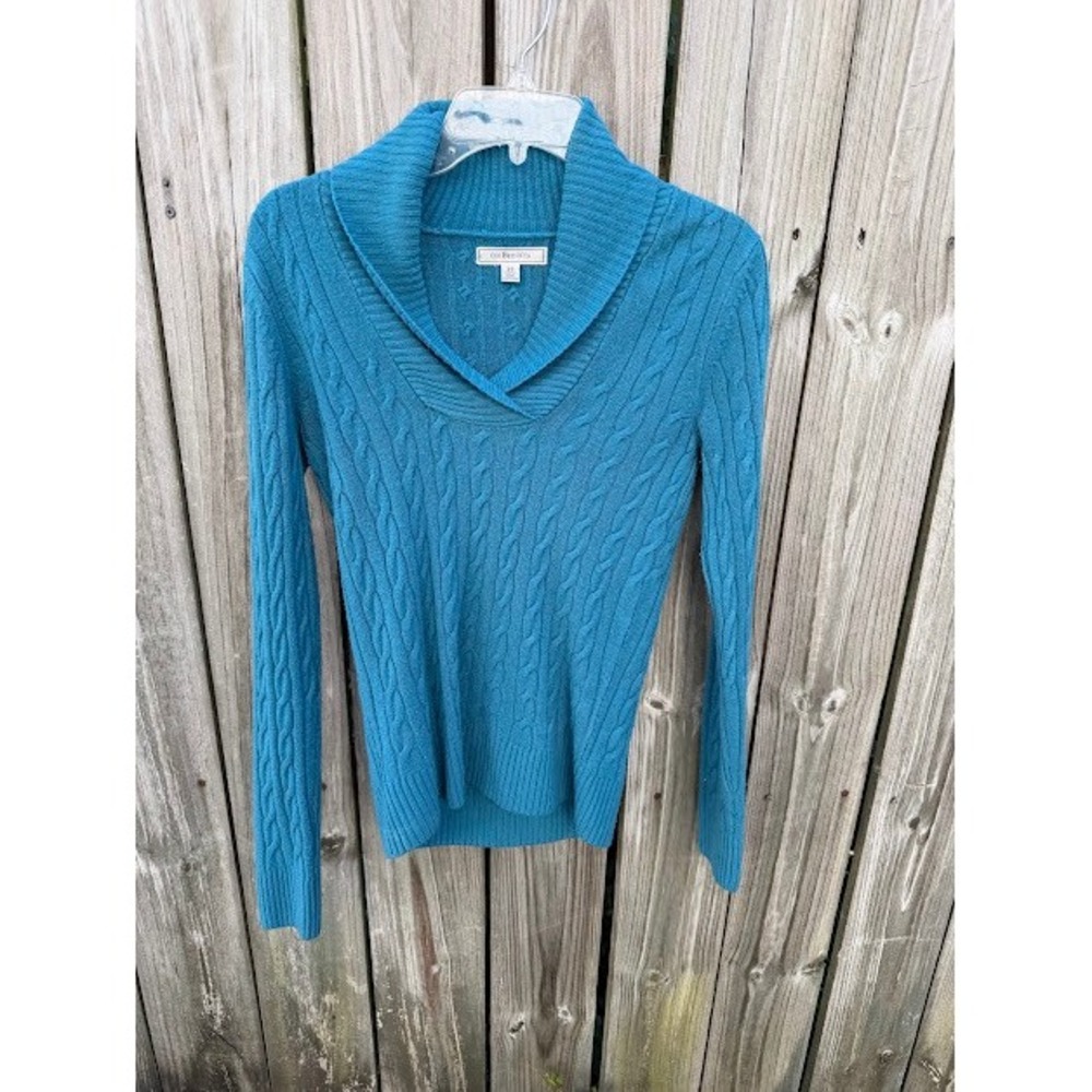 Preppy Coastal G.H. Bass & Co. Sweater XS Teal Blue Cable Knit Shawl Collar